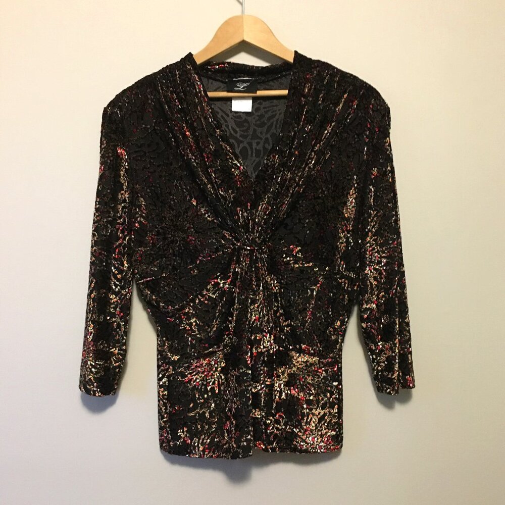 VTG Y2K Libra Devoré Velvet Burnout Floral Ruched V-Neck Top XL